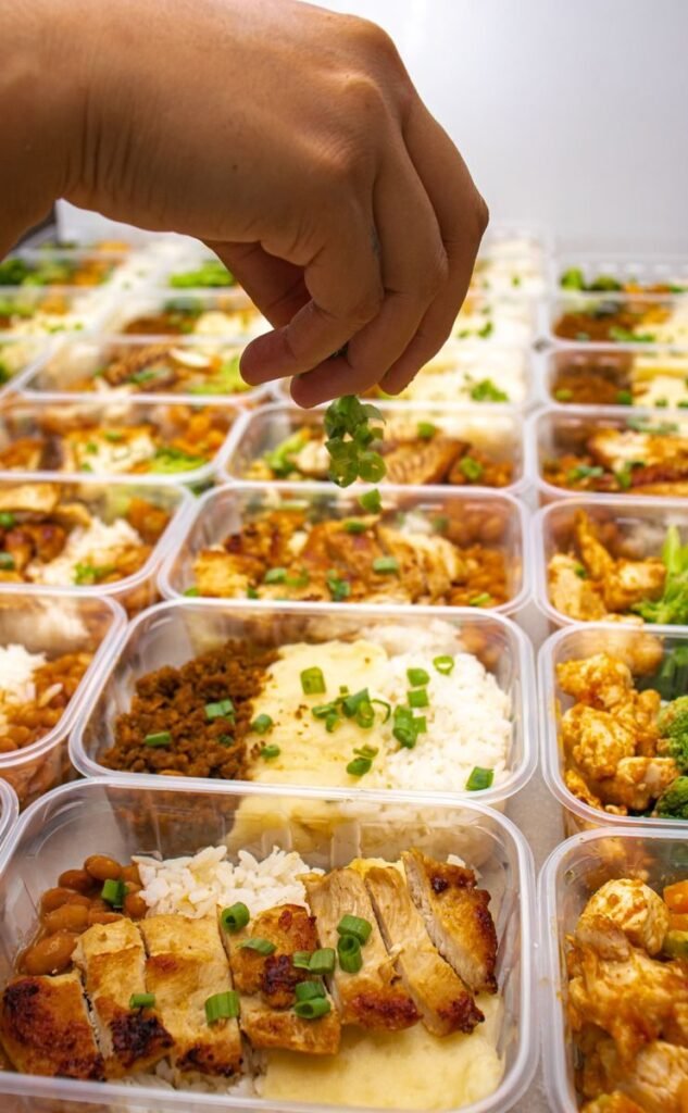 Hand sprinkling fresh herbs on meal prep containers with chicken and rice.