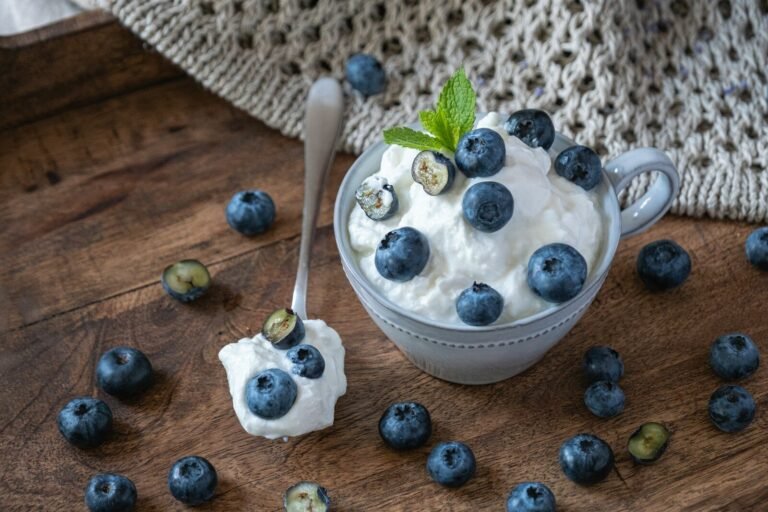 Blueberries and cream in a charming cup