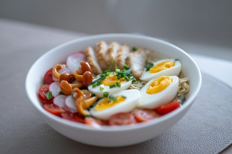 Bowl of noodles with chicken, eggs, and vegetables